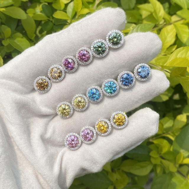 Wholesale Price 6.5mm Moissanite Stud Earrings Halo Earrings 925 Sterling Silver Stud Iced Out Colorful Moissanite Earrings