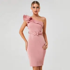BA374 Pink One Shoulder Ruffles Space Cotton Dress for Women Summer Off Shoulder Solid Dresses with Belt Elegant Party Vestidos