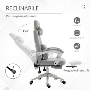 Vinsetto Silla de Oficina Ergonómica, Silla de Escritorio con Ruedas, Cojín Lumbar, Reposacabezas Extraíble y Reposapiés, Gris 62x68x117-127cm - Product Image 5