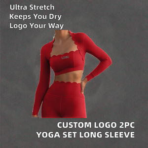 Ensemble 2 pièces personnalisé avec logo : Crop top à manches longues et leggings taille haute respirants, grande taille, vêtements de sport très extensibles pour fitness, yoga et pilates - Product Image 2