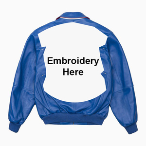 Men's Blue PU Leather Bomber Jacket With Embroidery On Back Zipper Closure Casual Autumn Style - Product Image 6