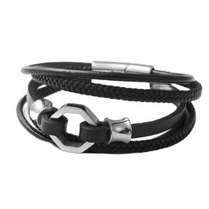 yunnique Titanium Steel Woven Leather Bracelet Black Hexagon Shape Fashion Jewelry for Men and Women - Product Image 1