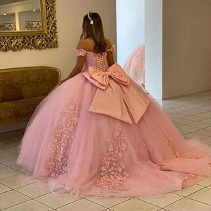 Vestidos de Quinceañera Rosa Estilo Princesa con Hombros Descubiertos, Vestidos de 15 Años Vintage con Apliques de Encaje, Personalizados para <span class=keywords><strong>Fiesta</strong></span> de Cumpleaños - Product Image 2