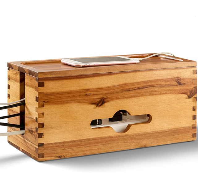 Bamboo PET Cable Management Box & Organizer Adjustable Portable Electrical Cord Hider with Power Strip Storage
