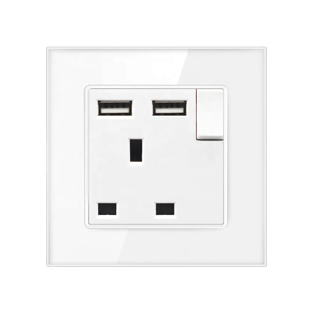 SRAN bs 13amp socket with switch white Tempered glass panel 86mm*86mm 2 usb wall socket uk