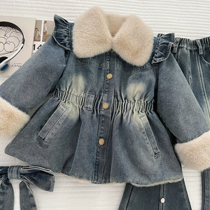 New Girls' Fleece-lined Denim and Pants <b>Extra</b> Thick Set Medium <b>Large</b> Children Autumn Winter Girls Clothing Set - Product Image 2