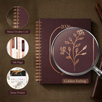 Agenda Exécutif Mensuel et Hebdomadaire Personnalisé 2026-2027 avec Couverture en Papier Spirale Bordeaux B5, Motifs Floraux, Onglets et Poche