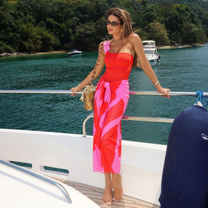 Women 2 Piece Swimsuit One Shoulder Ruffle One Piece Bathing Suit With Color Block <b>Sarong</b> Cover Up Skirt Summer <b>Beach</b> Swimwear - Product Image 2