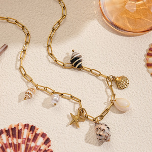 Collier en acier inoxydable plaqué or PVD 18K océan Collier tendance coeur coquille céramique corail étoile de mer conque escargot de mer poisson perle coquille - Product Image 2