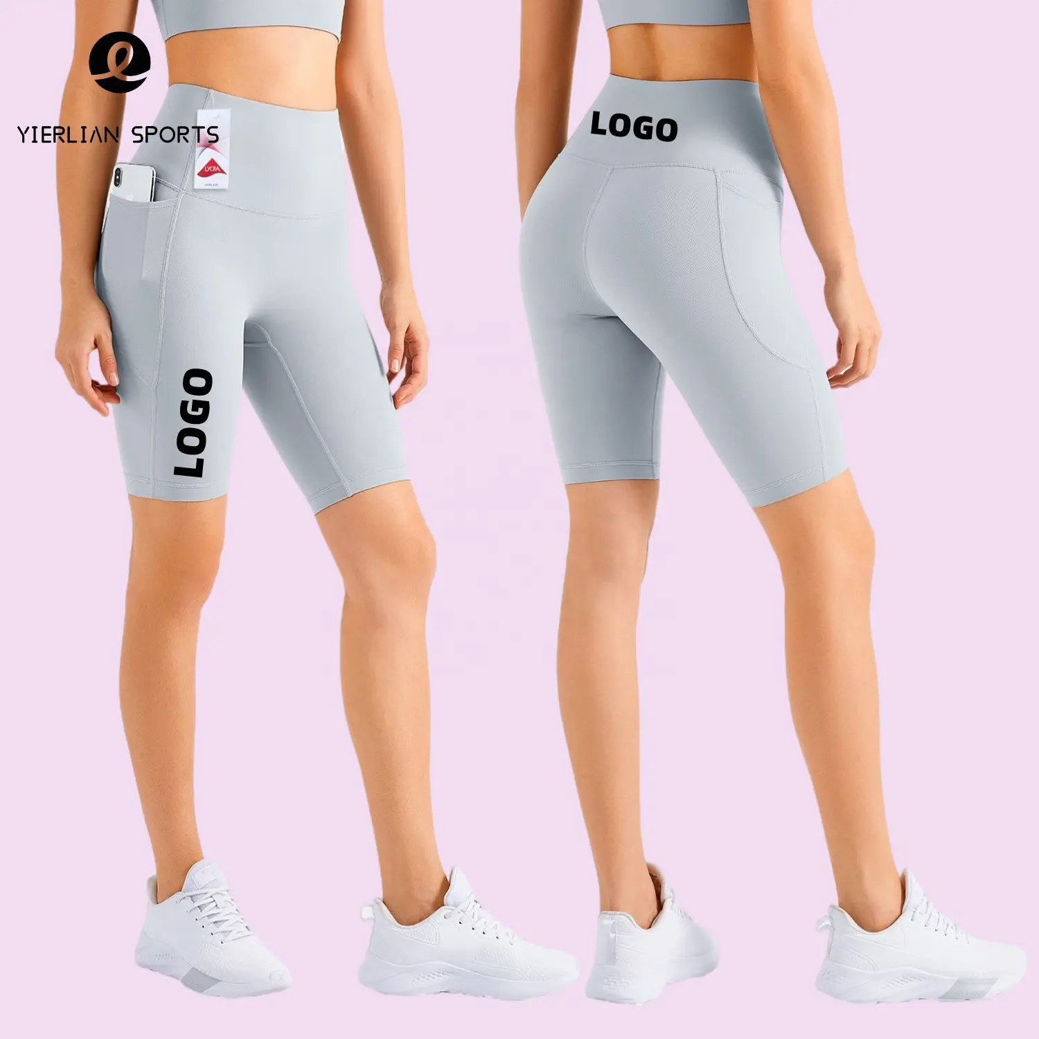 Logo personnalisé Nylon Lycra Tissu Taille Haute Haute Élasticité Respirant Sport Serré Yoga Pantalon Lycra Sans T Biker Shorts Femmes