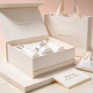Coffret cadeau rigide personnalisé pour sérum cosmétique avec logo estampé or, insert en mousse EVA sur mesure et sac shopping en papier assorti - Product Image 3