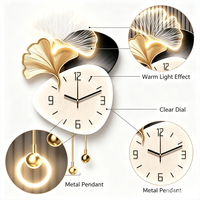 Jam Dinding LED Daun Ginkgo, Jam Pendulum Tanpa Suara, Dekorasi Dinding Mewah Modern dengan Lampu