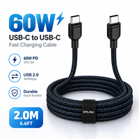 Câble de charge rapide USB-C vers USB-C 2M 60W 3A en nylon tressé, câble de chargeur Type C pour smartphone, tablette, batterie externe