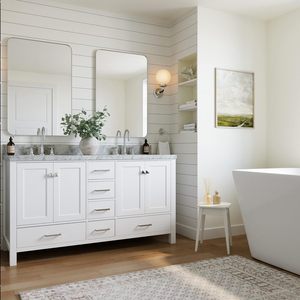 Hot bán hiện đại kích thước lớn Sàn Trắng tủ phòng tắm 60 inch bồn rửa đôi Đứng gỗ rắn + MDF Mỹ phòng tắm Vanity - Product Image 1