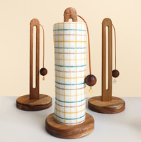 Support de rouleau d'essuie-tout autoportant en bois foncé avec poteau à fentes, pour cuisine, avec décoration en cuir, pompon et perles, vente en gros