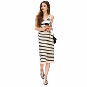 Vestido midi de punto a rayas para mujer, sin mangas, cuello redondo, cintura natural, informal, de verano, transpirable, mezcla de algodón - Product Image 1
