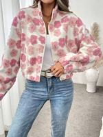 Nouveautés Vestes Sherpa pour femmes Zip up Lady Flower Pattern Automne Hiver Veste polaire chaude Manteau