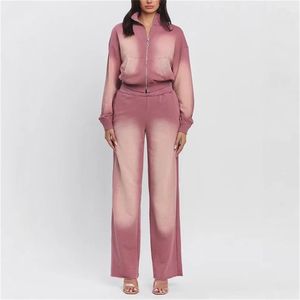 ชุดเซ็ตสองชิ้นลายปะติดสีสันสดใสสำหรับผู้หญิง แฟชั่นเสื้อครอปฮู้ดแขนยาวแบบมีซิปและกางเกงเอวสูง - Product Image 2