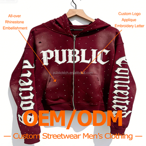 Sudadera con capucha personalizada de moda vintage para hombre, con bordado de apliques, efecto lavado, desgastado por el sol, con cremallera y adornos de pedrería en toda la prenda. - Product Image 1