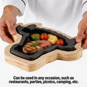Plancha Comercial de Hierro Fundido para Bistecs 30.5*22.5*3cm con Base de Madera en Forma de <span class=keywords><strong>Toro</strong></span> para Bistecs y Fajitas - Product Image 3