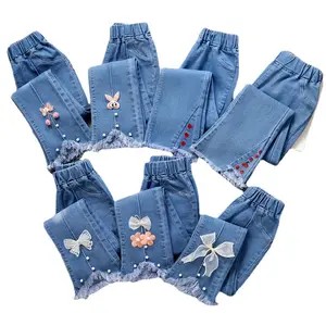 Stock Kids Girls' Casual Elastic Waist Denim Pants Heart Pattern Fashion Wide Leg Jeans Age 2-10 Years