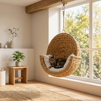 Hamac de luxe pour chat en jacinthe d'eau tressée à la main, avec structure en acier alliage de magnésium, mural ou sur pied, amovible et lavable