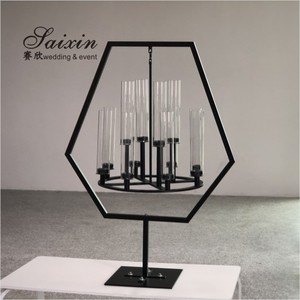 Geometric Hexagon Black Metal Hanging <strong>Candle</strong> <strong>Holder</strong> With 10 Glass Tubes For Wedding Decor - Product Image 6