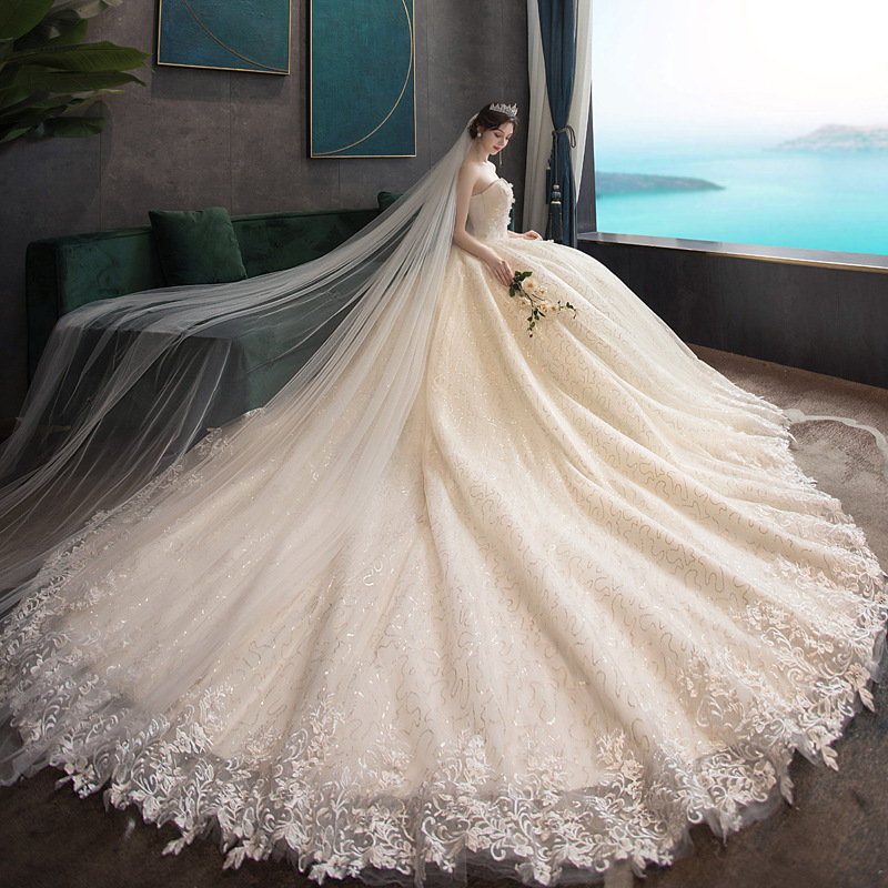 Long Champagne Wedding Dress с Puff Sleeves, Bride Gown, Sweetheart Lace, Flower, New