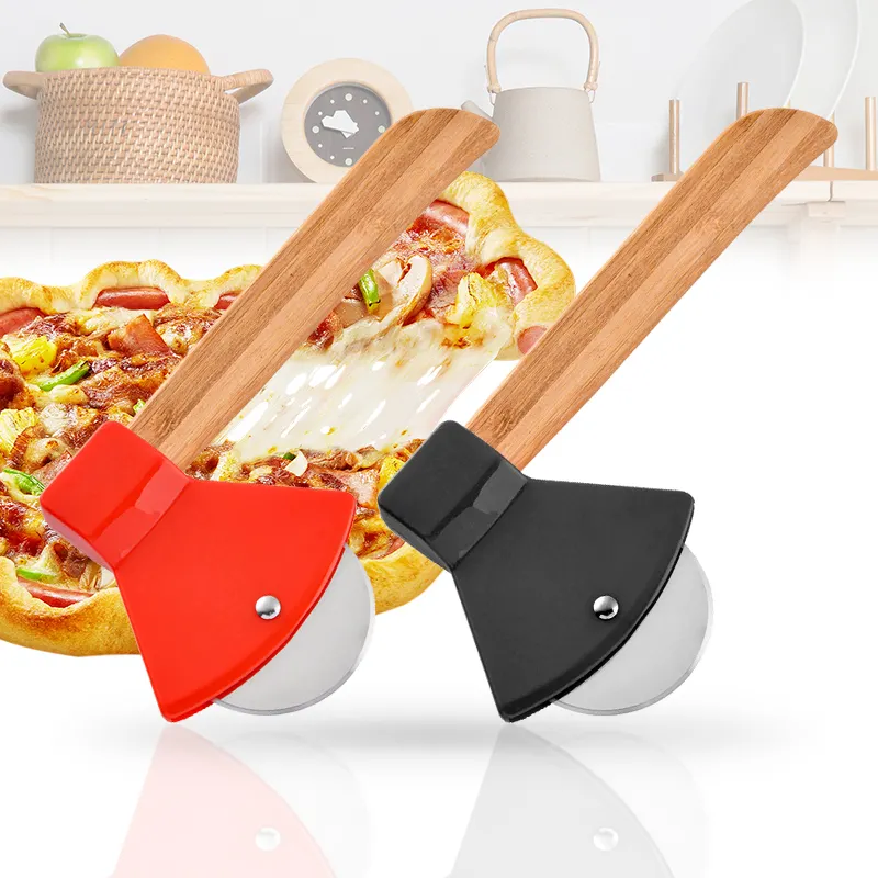 Nuovo Design creativo strumenti di cottura in acciaio inox asce coltello per Pizza con manico in bambù