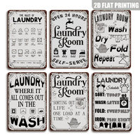 Panneau métallique vintage « Laver, Sécher, Plier, Répéter » avec décor de lave-linge et corde à linge pour buanderie