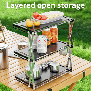 Folding Three Tier Storage Shelf Black Rectangle Foldable Standing Type For Outdoor Camping Cafe Use Antibacterial Moisture - Product Image 3