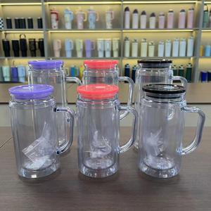 Gobelet double paroi 20oz type globe à neige avec poignée, en plastique AS, style Mason, avec fond perforé et paille externe, pour la personnalisation de tasses à bière - Product Image 5