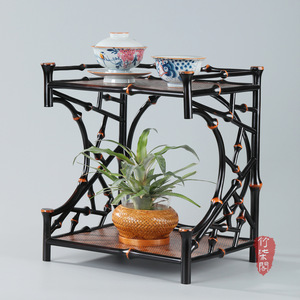 Bamboo Lacquered Tea Shed With Woven Top And Bottom Shelf For Tea Set Storage Desktop Display Rack - Product Image 5