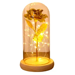 Romantische Liefde Kunstmatige Valentijnsdaggeschenken Betoverde Gouden Roos Led Lamp Goudfolie Roos In Glazen Koepel Decoratieve Bloemen