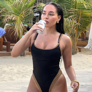 Traje de Baño Europeo de Dos Piezas con Tirantes en Contraste, Corte Ajustado, Sin Mangas, Estilo Camisola, Casual para Playa - Product Image 5