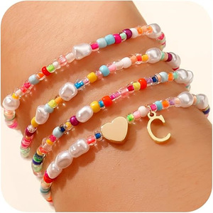 Braccialetti con ciondoli iniziali JIAOGE per ragazze, in ottone placcato <span class=keywords><strong>oro</strong></span>, graziosi, impilabili, con perle, regalo di compleanno per bambine dai 6 ai 12 anni - Product Image 5