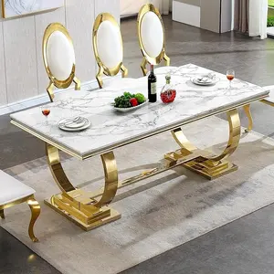 Luxus modernes Esszimmer Marmor-Arbeitsplatte Esstisch mit goldenem Edelstahlrahmen rechteckiges Tischmöbel mit Beton