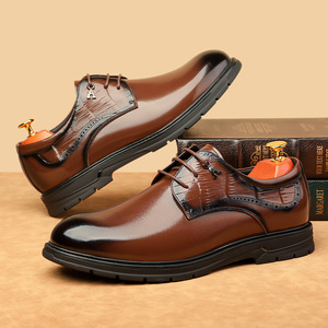 Chaussures Richelieu en cuir pour hommes, bout rond, à lacets, antidérapantes, pour mariage, couleur unie, semelle extérieure en caoutchouc, doublure en cuir véritable - Product Image 4