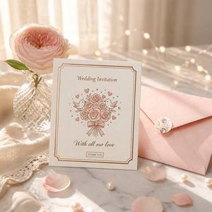 Busta per Biglietto di Ringraziamento Personalizzata per Matrimonio, Bordo Oro Rosa, Illustrazione Uccelli e Rose, Sigillo con Strass, Testo Testurizzato Rosa Cipria - Product Image 3