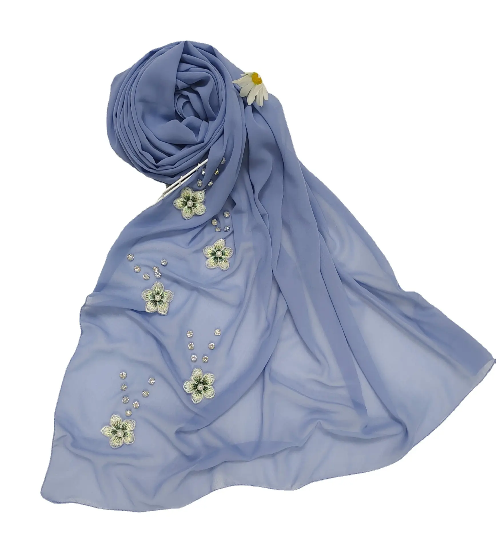 Neues ausgefallenes elegantes Perlschickot Strasssteine Hijab langer Schal muslimische Damenblumendruck mit Perlendemant Schickot Hijabschals