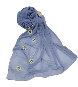New Fancy Elegant Pearl Chiffon Rhinestones Hijab Long Scarf Muslim Ladies Flower Print With Pearl Diamond Chiffon Hijabs Shawls