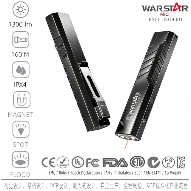 ST1 Pro EDC Flat Flashlight 1300LM USB-C Rechargeable LED Torch UV Red Laser Dual Magnet Dual Switch for Camping Work