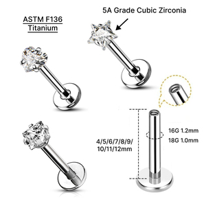 JIAXIN ASTM F136 Titanio de Grado Implante, Piercing <span class=keywords><strong>Labret</strong></span> con Rosca Interna y Topo de Estrella de Circonita Cúbica, para Labio, Tragus, Hélix, Joyería Corporal, Regalo - Product Image 3