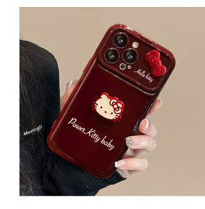 เคสโทรศัพท์กันกระแทกการ์ตูน ลายโบว์ ตุ๊กตาแมว สายคล้องคอ หน้าต่างขนาดใหญ่ สีแดงไวน์ ซิลิโคนนิ่ม - Product Image 1