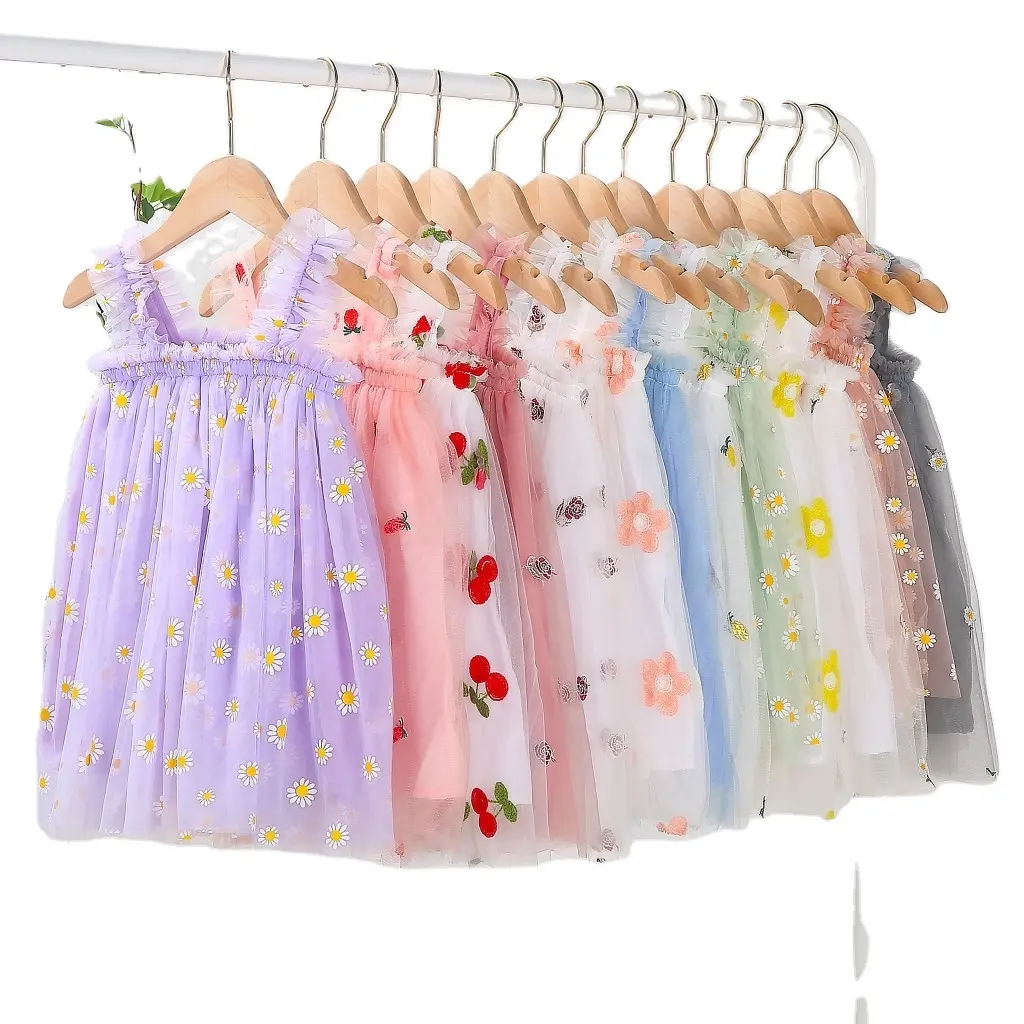 Wholesale Hot Girls Clothing Embroidery flower Sweet Slip Gauze Skirt Beby Girl Dress Baby Girl Summer