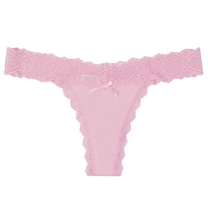 Tanga de lino acanalado sólido para mujer con ribete de encaje, tiro bajo, sexy, transpirable, suave y elástico, OEM ODM - Product Image 6