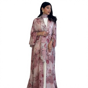 <b>Pink</b> Watercolor Tie Dye Islamic <b>Abaya</b> 2 Piece Set Chiffon Maxi Dress Long Sleeve Elegant Muslim Outfit - Product Image 2