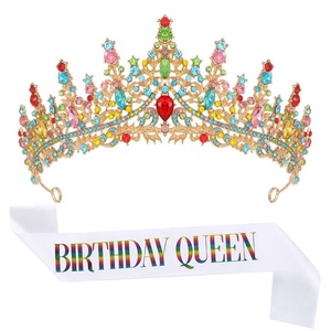 Corona de Cristal Elegante Estilo Europeo Americano, Corona de Aleación de Lujo Dorada, Accesorios Simples para Fiesta de Cumpleaños, Tiara con Correa para el Hombro - Product Image 6