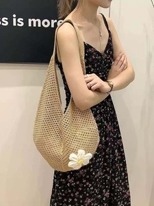 Bolso Tote de Ganchillo de Poliéster con Diseño Floral, Estilo Bohemio, Abierto, para Playa, Verano, Compras, Venta al Por Mayor - Product Image 3