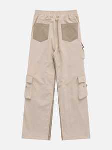 Pantalon cargo beige taille haute élastique respirant mi-lourd coupe droite jambe large multi-poches décontracté streetwear - Product Image 2